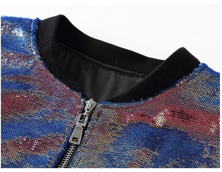Hip Hop Sequined Night Club Jacket, Rainbow Gradient Patchwork, Round Neck, Long Sleeved Jacket for Women and Girls
