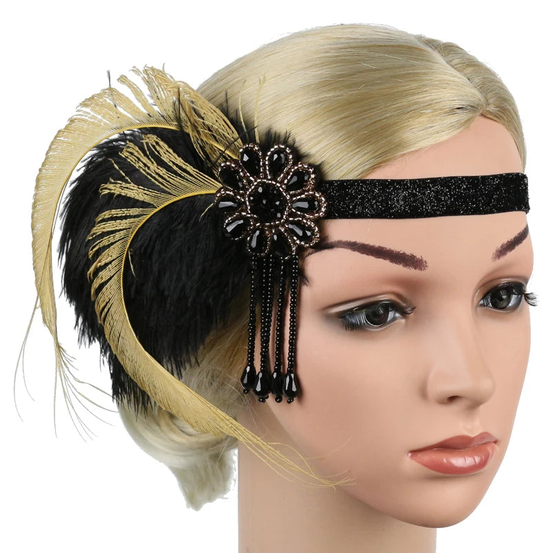 Hair Accessories - Peacock, Black Rhinestone, Beaded, Sequin 1920s Vintage Gatsby Party Headpieces for Women