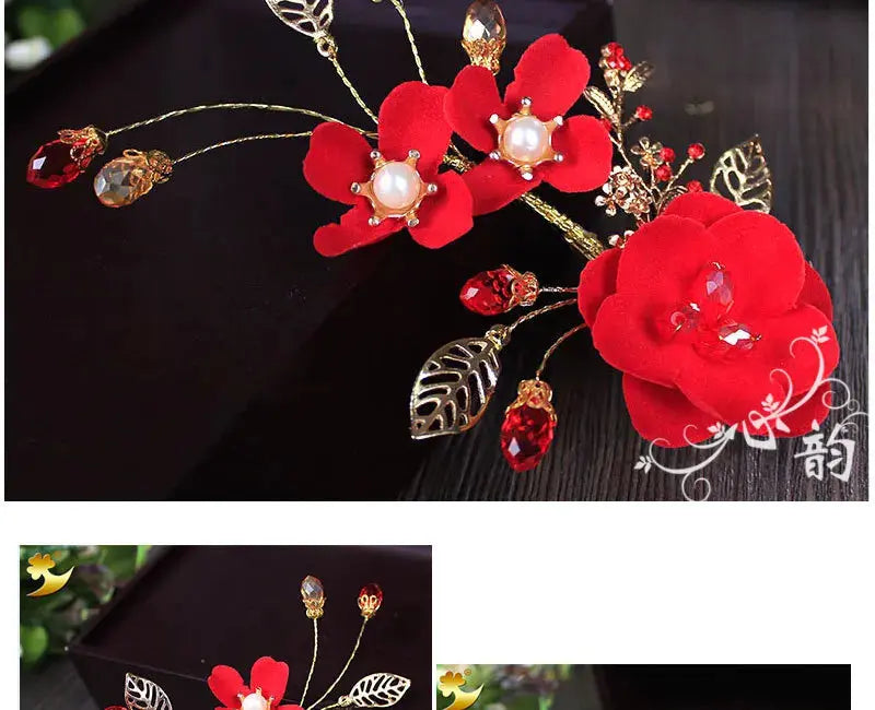 Red Hairpins/Bride Hair Clips - Vintage Chinese Wedding Hair Accessories for Women and Girls-hair accessories-SWEET T 52
