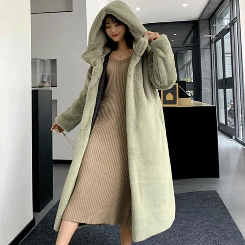 Women's Faux Rabbit Fur Coat, Luxury Long Fur Coat, Hooded OverCoat, Thick & Warm - Plus Sizes