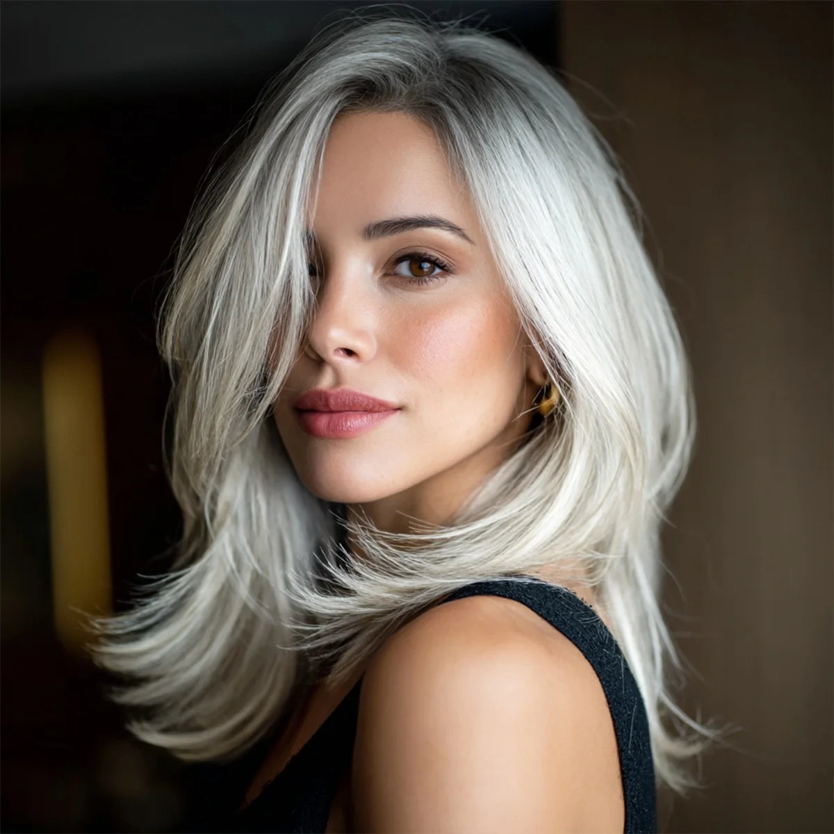 New 22-inch Ladies' Wig - Natural Bangs, White Gold Highlights, Straight Style, Transparent for Daily Wear