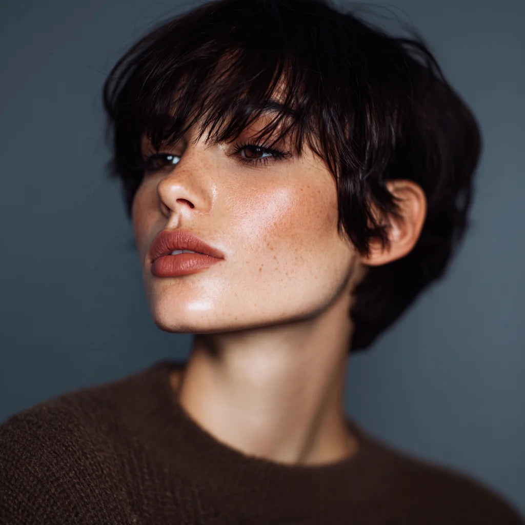 Dark Brown Layered Synthetic Short Wig with Bangs, 8 Inches