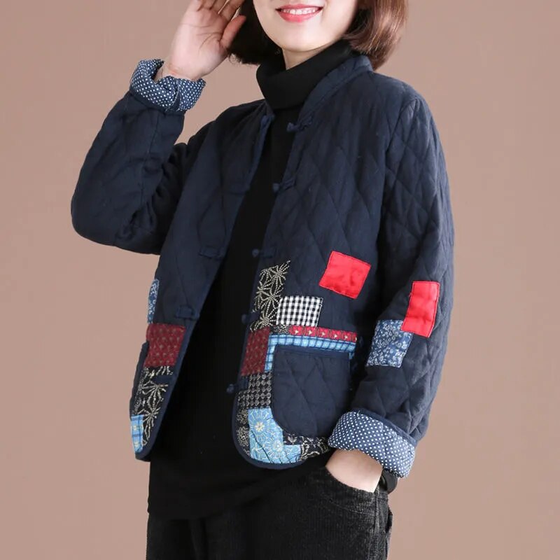 Short Patchwork Jacket for Women and Girls with V-Neck, Single Breast Closure-Coats & Jackets-SWEET T 52