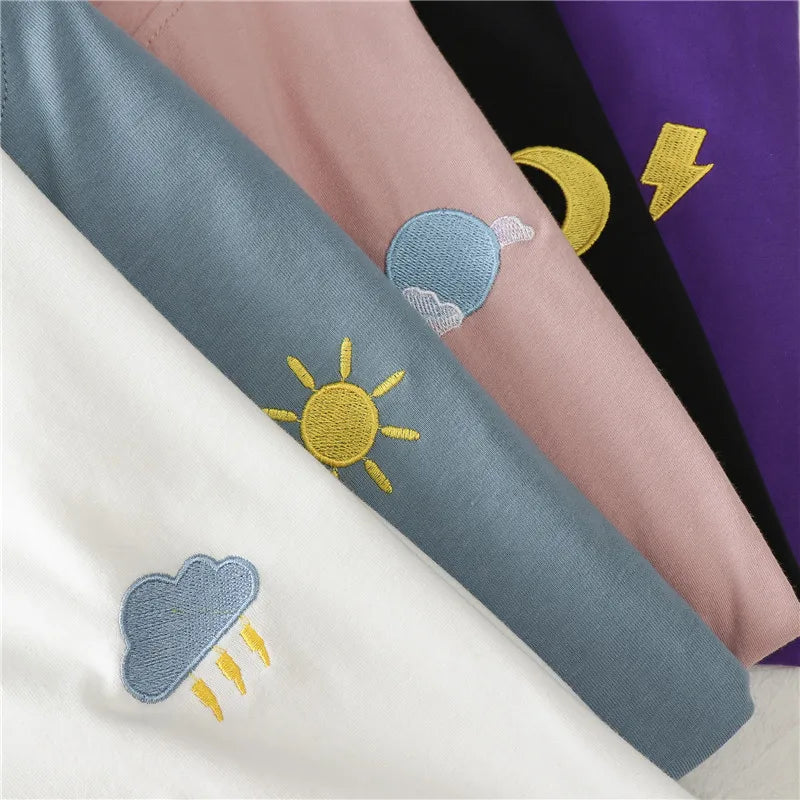 Embroidered Loose T Shirts for Spring/Summer, Short Sleeve Simple T-shirts for Women