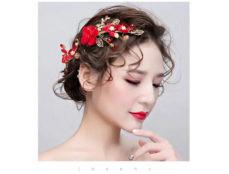 Red Hairpins/Bride Hair Clips - Vintage Chinese Wedding Hair Accessories for Women and Girls-hair accessories-SWEET T 52