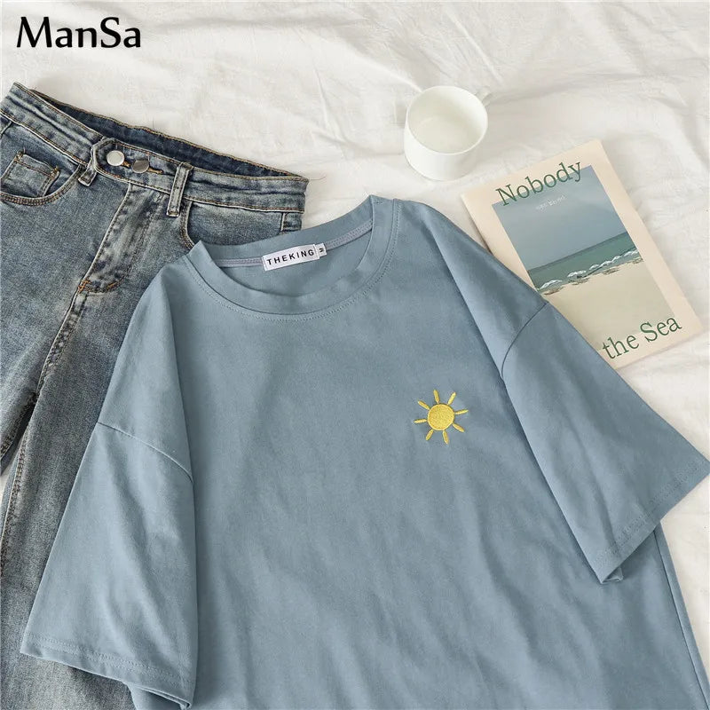 Embroidered Loose T Shirts for Spring/Summer, Short Sleeve Simple T-shirts for Women