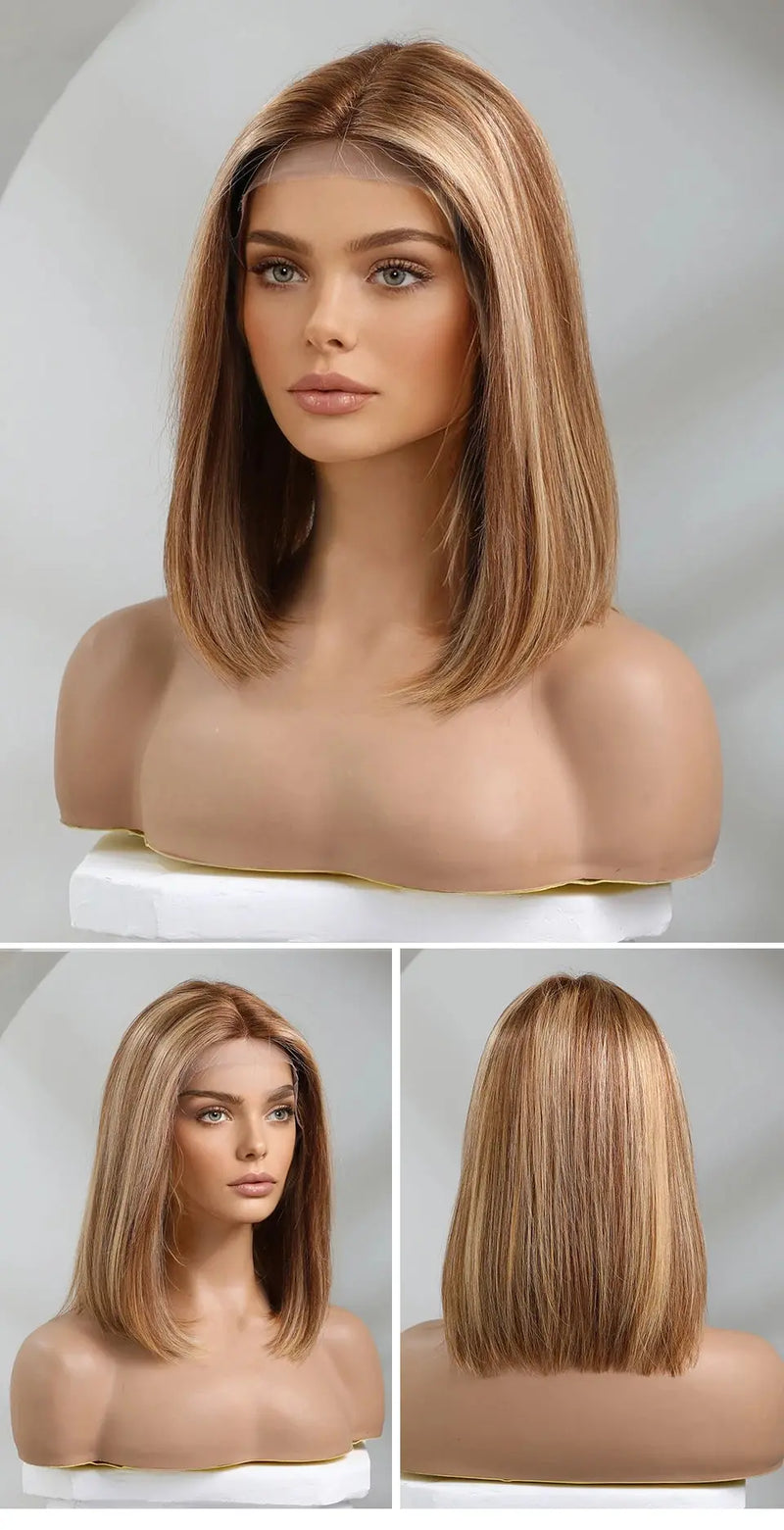 Human Hair 13x1 Lace Front Wig for Women & Girls, Shoulder Length Bob {Straight} with Highlights - Heat Resistant