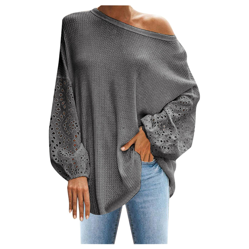 Flare Sleeve T-Shirt  for Women and Girls, Off Shoulder With Lace, Loose Knitted Tee With Round Neck