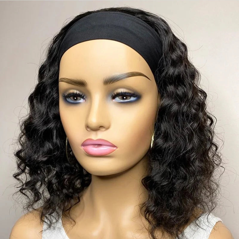 Curly Headband Wig,  Short Human Hair Wig for Women & Girls, Brazilian Remy Human Hair Bob