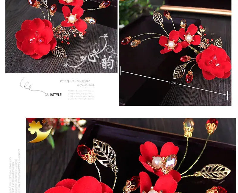 Red Hairpins/Bride Hair Clips - Vintage Chinese Wedding Hair Accessories for Women and Girls-hair accessories-SWEET T 52