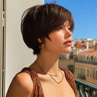 Dark Brown Layered Synthetic Short Wig with Bangs, 8 Inches