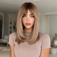 New Beautiful Temperament - 18 Inch Brown Gradient High-gloss Wig, Natural Bangs, Heat-Resistant Fiber