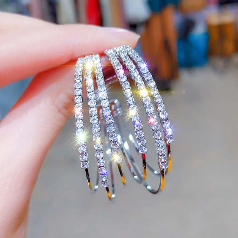 Layered C-shaped  Hoop Earrings for Women. Rose Gold Plated Alloy Statement Rhinestone Crystal, Punk Rock Earrings