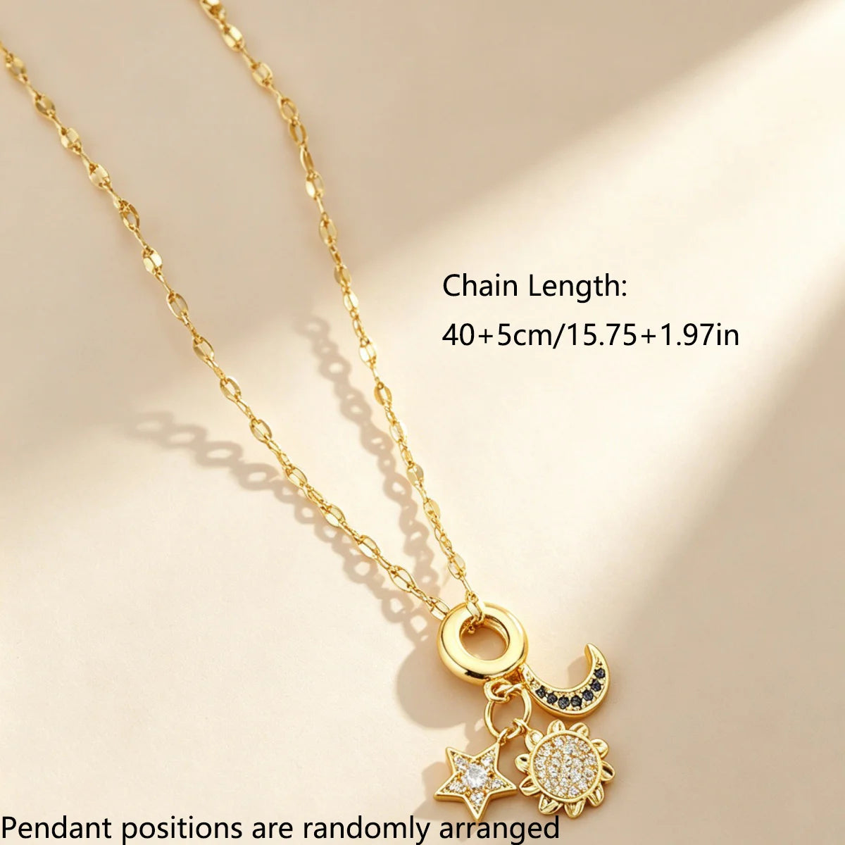 Celestial Sun, Star & Moon Zirconia Pendant Necklace - Gold Stainless Steel