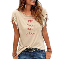 Women's Casual Cotton Tassel DIY T-Shirt With O-Neck in 7 Solid Colors-Shirts & tops-SWEET T 52