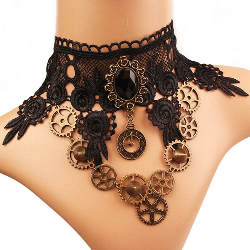 Gothic Chokers - Crystal Gear Chain, Black Lace Choker Necklace, Vintage Women's Choker - Steampunk Jewelry