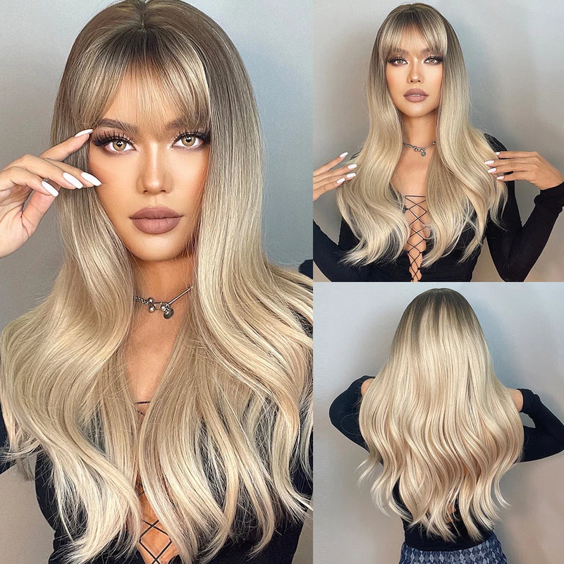 EASIHAIR Light Orange Synthetic Wigs Long Wavy Ombre Natural Hair Wigs with Bangs for Women Cosplay Lolita Wig Heat Resistant SWEET T 52