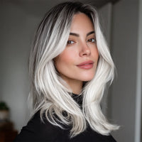 New 22-inch Ladies' Wig - Natural Bangs, White Gold Highlights, Straight Style, Transparent for Daily Wear