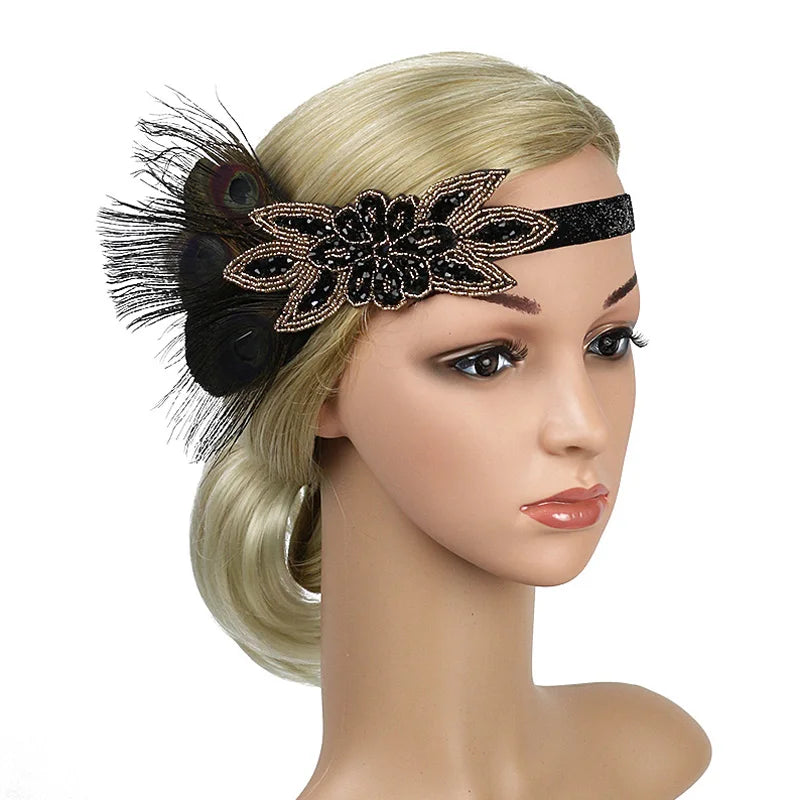 Hair Accessories - Peacock, Black Rhinestone, Beaded, Sequin 1920s Vintage Gatsby Party Headpieces for Women