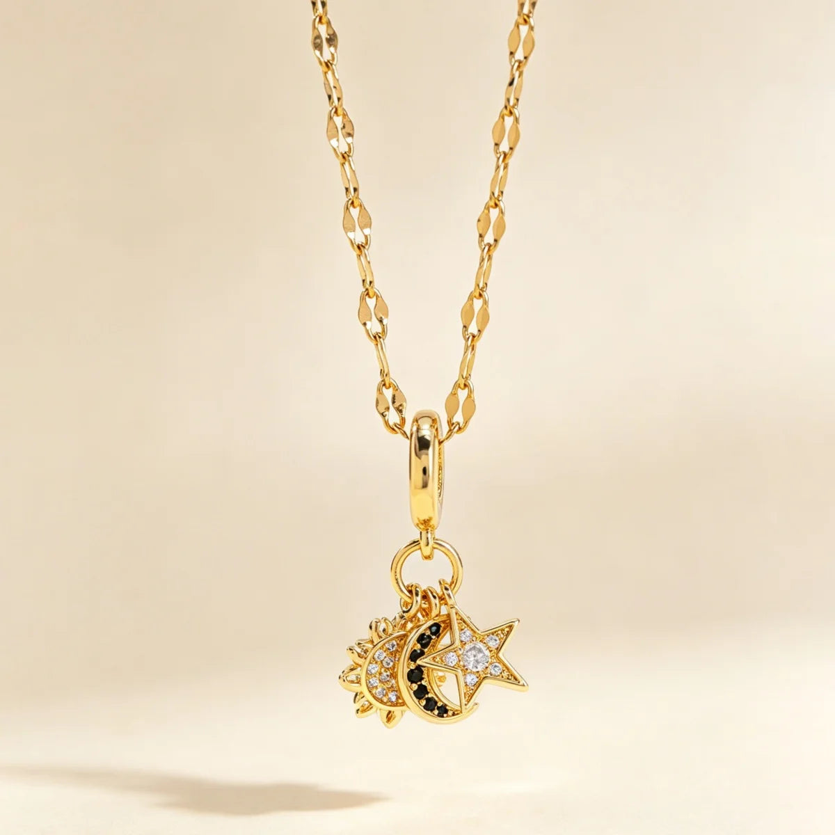 Celestial Sun, Star & Moon Zirconia Pendant Necklace - Gold Stainless Steel