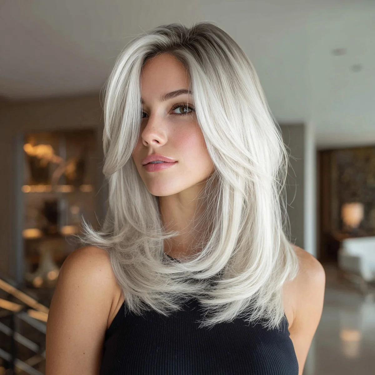 New 22-inch Ladies' Wig - Natural Bangs, White Gold Highlights, Straight Style, Transparent for Daily Wear