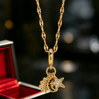 Celestial Sun, Star & Moon Zirconia Pendant Necklace - Gold Stainless Steel