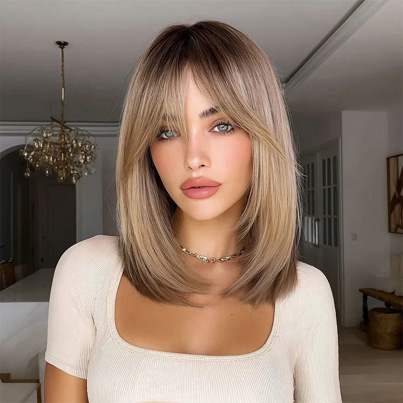 New Beautiful Temperament - 18 Inch Brown Gradient High-gloss Wig, Natural Bangs, Heat-Resistant Fiber