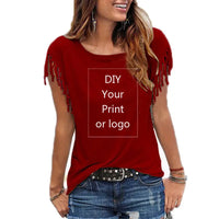 Women's Casual Cotton Tassel DIY T-Shirt With O-Neck in 7 Solid Colors-Shirts & tops-SWEET T 52