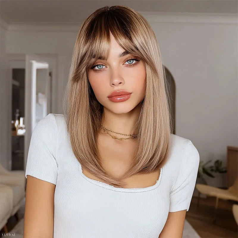 New Beautiful Temperament - 18 Inch Brown Gradient High-gloss Wig, Natural Bangs, Heat-Resistant Fiber