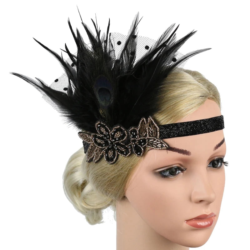 Hair Accessories - Peacock, Black Rhinestone, Beaded, Sequin 1920s Vintage Gatsby Party Headpieces for Women