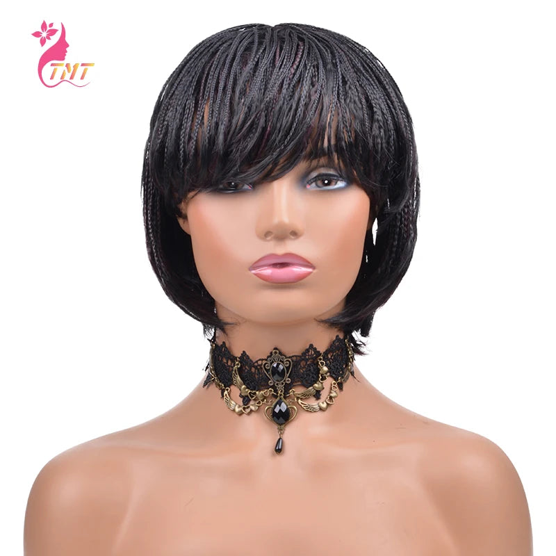 Short Braided Synthetic Wigs with Bangs for Women and Girls. Heat Resistant Fiber, Ombre, Short Box Braided Wigs