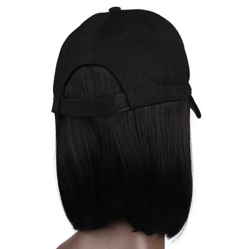 8-Inch Synthetic Baseball Cap Wig Hair with Straight Bob, Adjustable Cap Wig for Women and Girls