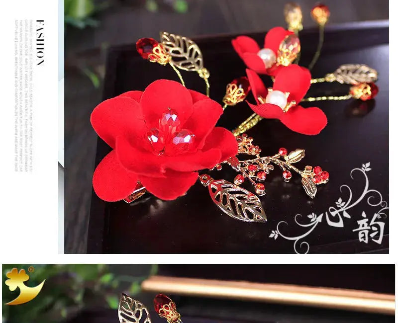 Red Hairpins/Bride Hair Clips - Vintage Chinese Wedding Hair Accessories for Women and Girls-hair accessories-SWEET T 52