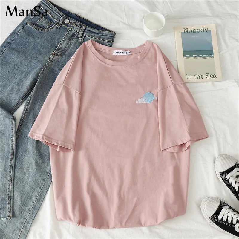 Embroidered Loose T Shirts for Spring/Summer, Short Sleeve Simple T-shirts for Women