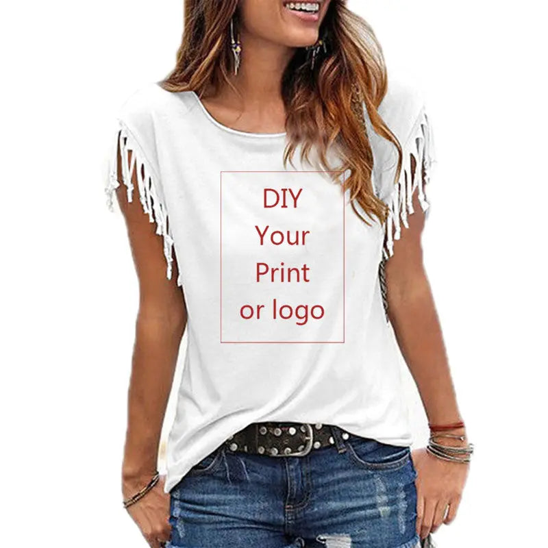 Women's Casual Cotton Tassel DIY T-Shirt With O-Neck in 7 Solid Colors-Shirts & tops-SWEET T 52