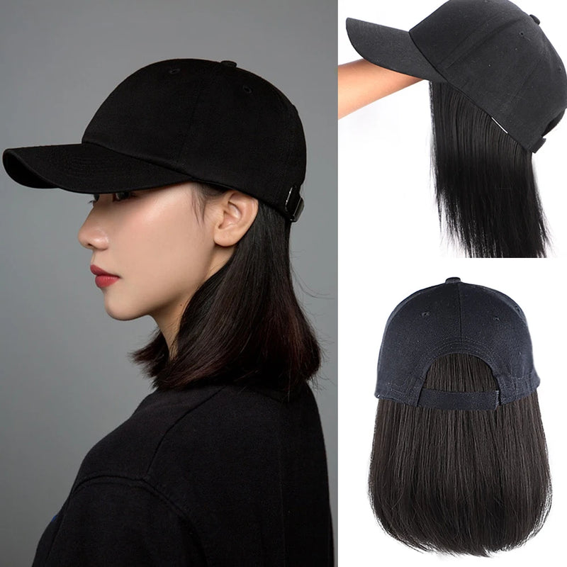 8-Inch Synthetic Baseball Cap Wig Hair with Straight Bob, Adjustable Cap Wig for Women and Girls