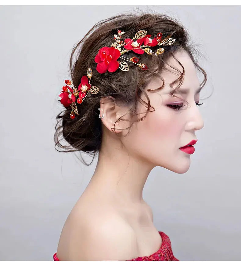 Red Hairpins/Bride Hair Clips - Vintage Chinese Wedding Hair Accessories for Women and Girls-hair accessories-SWEET T 52