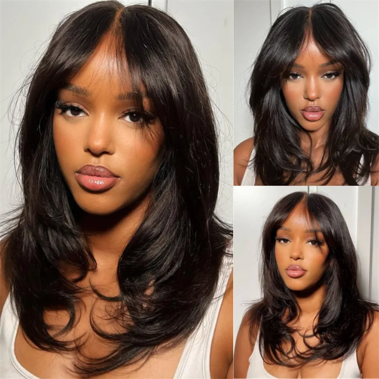 100 Human Hair Pre Cut 7x5 Lace Wavy Layer Cut Glueless Wig With Curtain Bangs Human Hair Wig for Black Women Sweet T 52