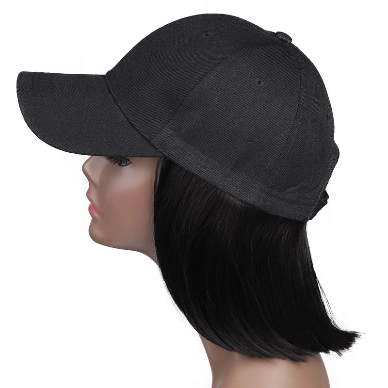 8-Inch Synthetic Baseball Cap Wig Hair with Straight Bob, Adjustable Cap Wig for Women and Girls