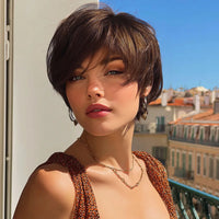 Dark Brown Layered Synthetic Short Wig with Bangs, 8 Inches