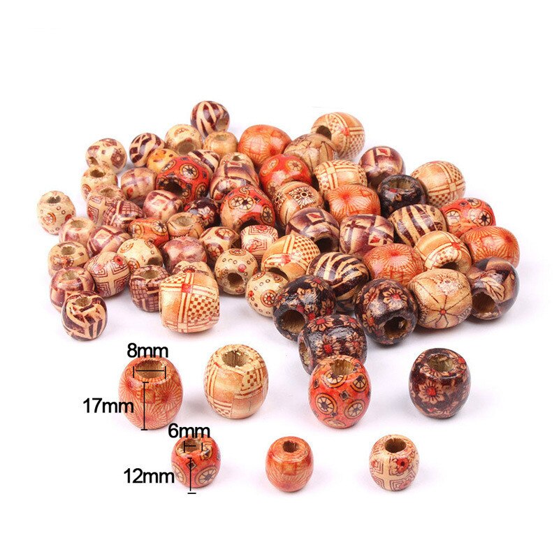 Wood Hair Beads for Women and Girls - 50 Piece Bag of 12 mm Beads, 6 mm Holes for Braids