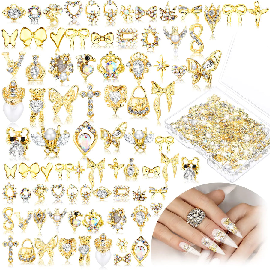 100 Pcs Gold Nail Charms for Acrylic Nails Gold Nail Rhinestones 3D Nail Charms Heart Nail Gems Luxury Decor Diamonds for Nail Art Shiny Nail Stones Beauty Nail Design Crystals for DIY Women Nail