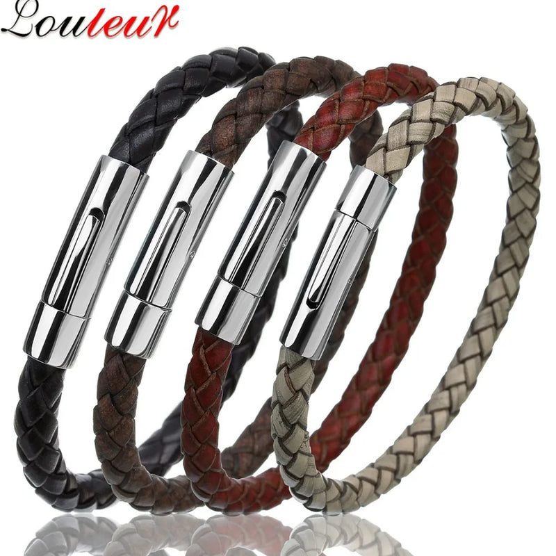 Men's Multicolor Stainless Steel Button Leather Bracelet - DIY & Custom Logo Birthday/Valentine's Day Gift