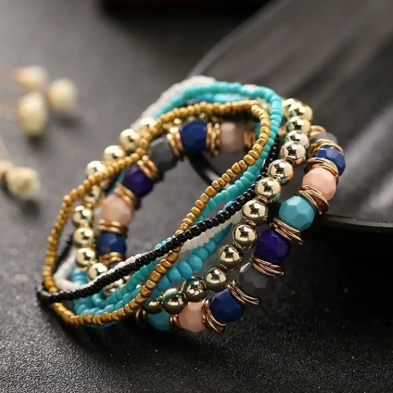 7 Pcs/Set - Four Seasons, Bohemian Multi-layer Beaded Jewelry for Women & Girls ,Elastic Anklet/Bracelet