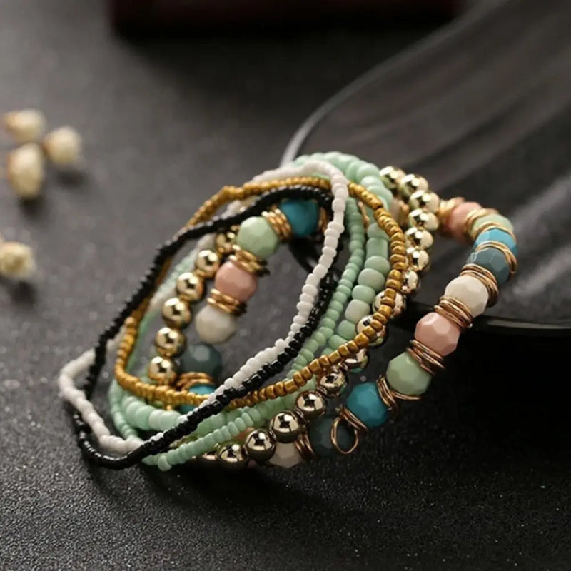 7 Pcs/Set - Four Seasons, Bohemian Multi-layer Beaded Jewelry for Women & Girls ,Elastic Anklet/Bracelet