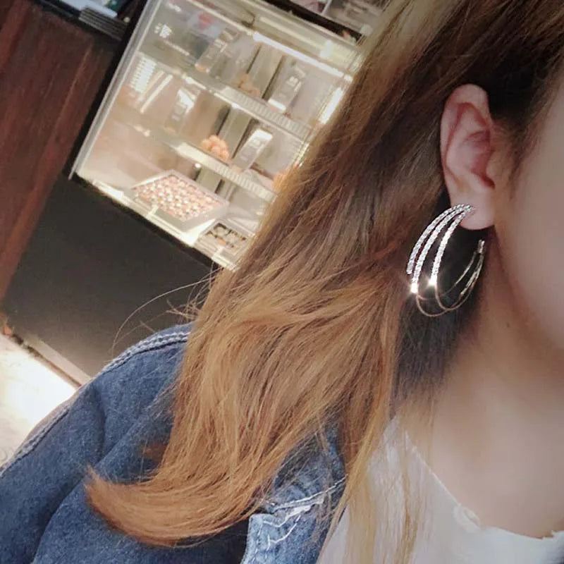 Layered C-shaped  Hoop Earrings for Women. Rose Gold Plated Alloy Statement Rhinestone Crystal, Punk Rock Earrings