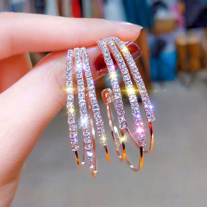Layered C-shaped  Hoop Earrings for Women. Rose Gold Plated Alloy Statement Rhinestone Crystal, Punk Rock Earrings
