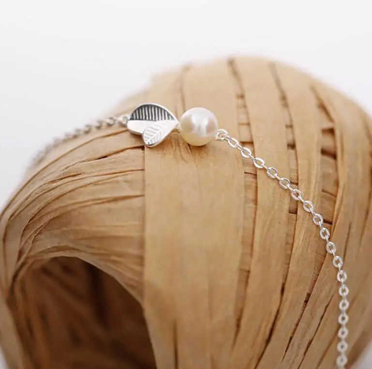 Silver Color Sweet Bud Leaf Simulated Pearl Necklace+Earrings+Bracelet for Women - 3 Pcs Jewelry Sets