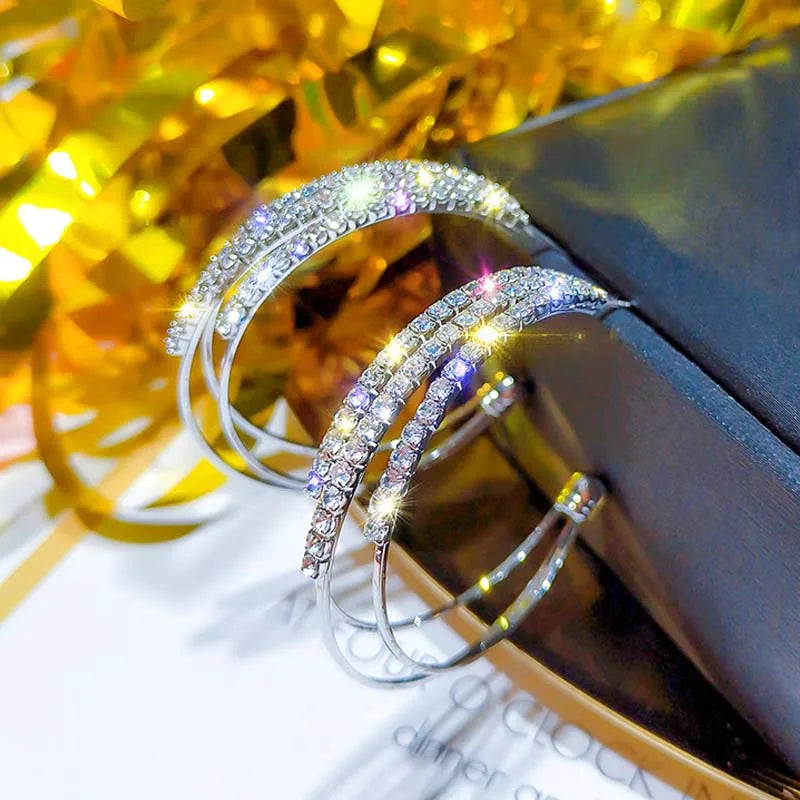 Layered C-shaped  Hoop Earrings for Women. Rose Gold Plated Alloy Statement Rhinestone Crystal, Punk Rock Earrings
