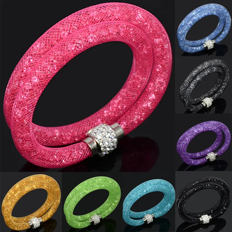 Crystal Mesh Net Double Bracelets, Multicolor Crystal Charm Bracelets For Women & Girls
